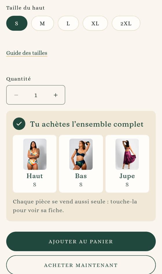 Récapitulatif « Tu achètes l'ensemble complet » : haut, bas et jupe