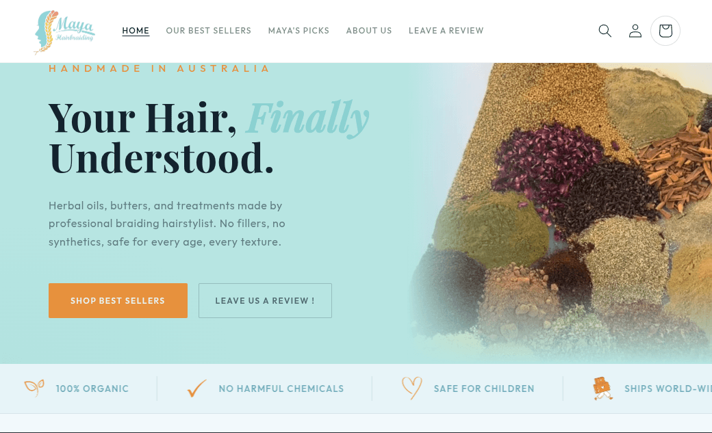 Page d'accueil de la boutique Maya's Hair Products
