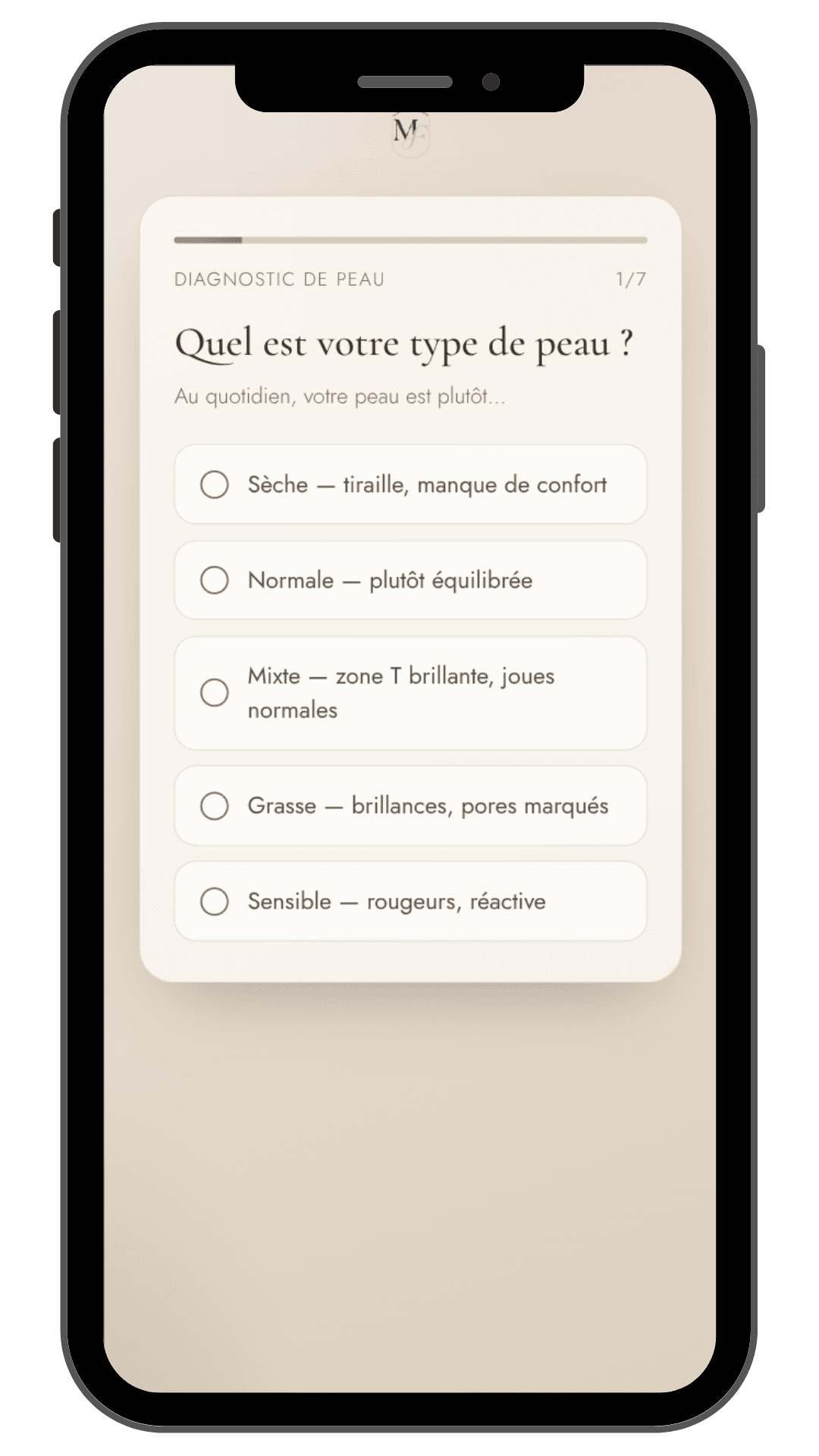 Diagnostic de peau Movaé Flow, question sur le type de peau