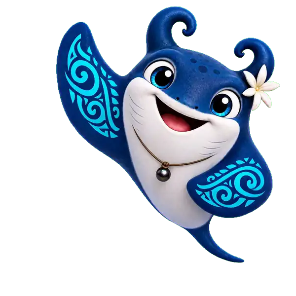 Moana, bébé raie manta avec une perle noire et une fleur de tiare, fait coucou de l'aile.