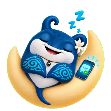 Moana dort sur un croissant de lune, pendant que son téléphone confirme une réservation.